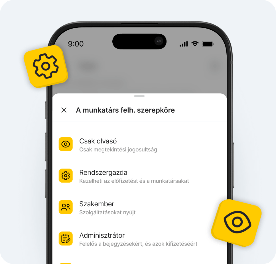 mobile app settings screen labeled &aposteam members role&apos showing a list of user roles with yellow icons eg free access view only and team member | altegio