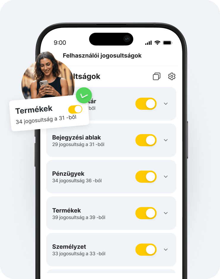 mobile app screen titled &aposaccess rights&apos with a list of rights inventory calendar booking window finance settings each with yellow toggle switches a user avatar overlaps the left edge | altegio