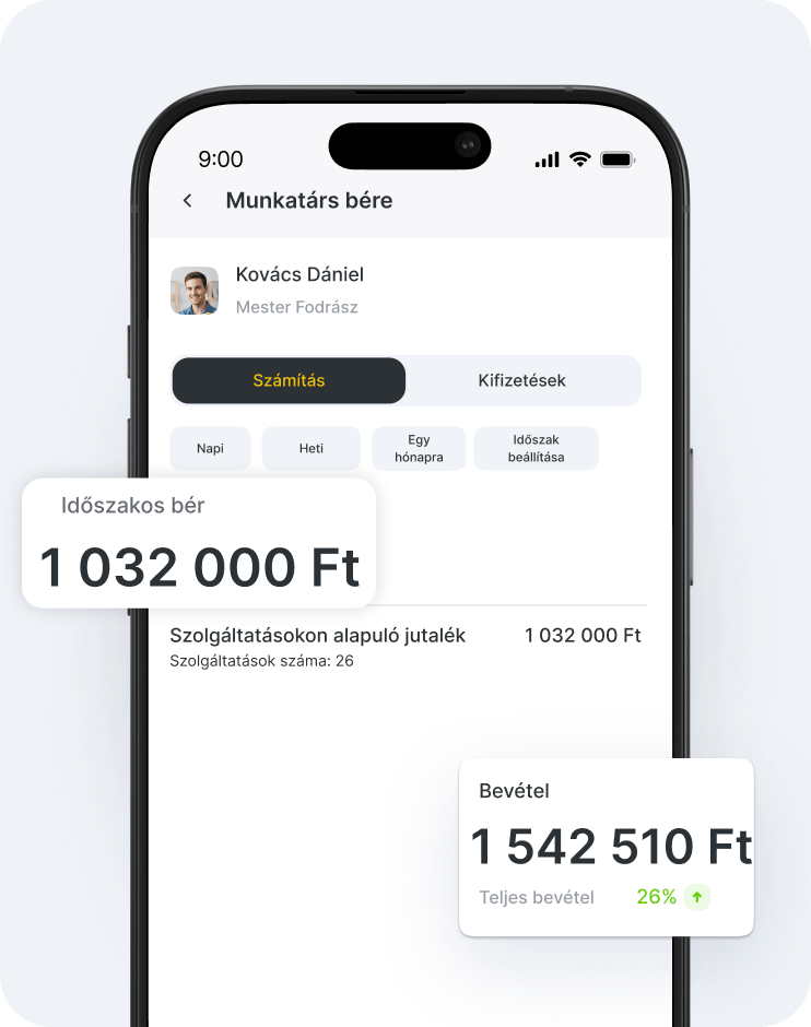 mobile salary dashboard employee profile calculation tab and floating cards showing 4157 € 857 € and 15290 € | altegio