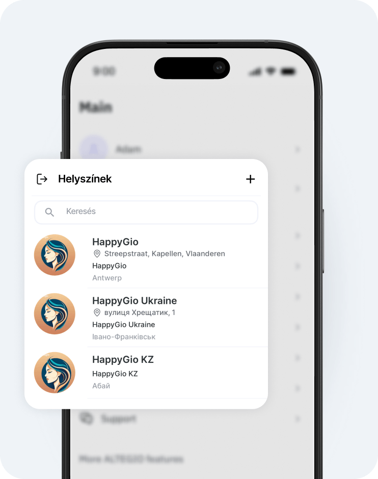 floating locations panel on a smartphone screen with a search bar and three location entries each with an avatar | altegio
