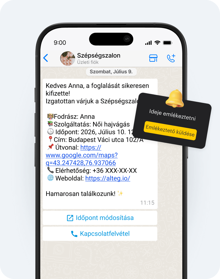chat conversation showing paid beautyspace appointment details for anna s including service time address map link contact and website reminder card overlay | altegio