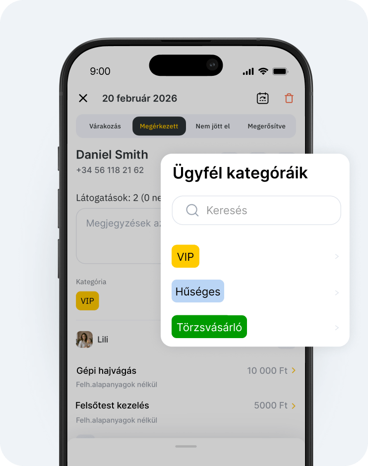 phone screen showing a &aposclient categories&apos modal with a search field and colored category tags vip yellow loyal blue permanent green | altegio