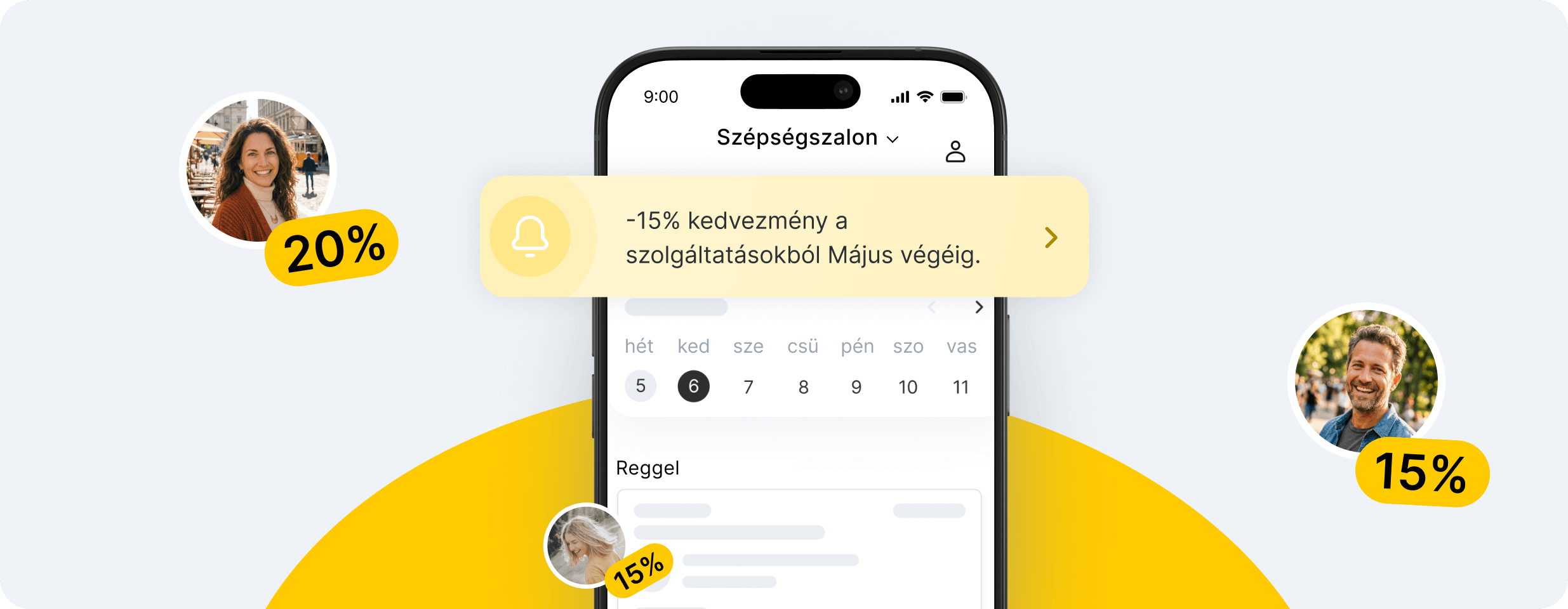 smartphone showing an app interface with floating yellow discount badges and circular user photos around a pale background | altegio