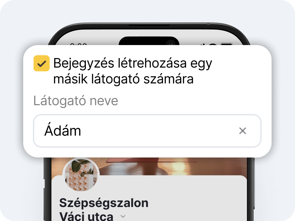 modal dialog titled &aposbook for another visitor&apos with a yellow checkmark icon asking for visitor name and showing &aposadam&apos as the entry with a close button | altegio