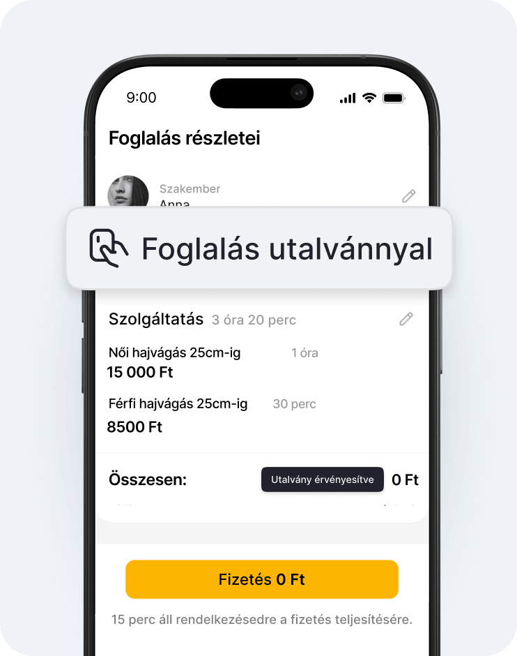 mobil képernyő, amelyen a foglalás részletei láthatók, a szolgáltatások listája felett egy lebegő „Foglalás tagsággal” feliratú szalagcímmel és egy „0 € fizetés” gombbal | altegio | altegio