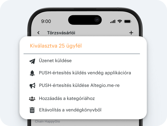 Képernyő, amelyen egy „Kiválasztott 25 ügyfél” című mobil modális ablak látható, a következő műveleti lehetőségekkel: üzenet küldése, push-értesítés küldése az alkalmazásba, push-értesítés küldése az Altegio-ba, kategóriába felvétel, adatbázisból való eltávolítás | altegio | altegio