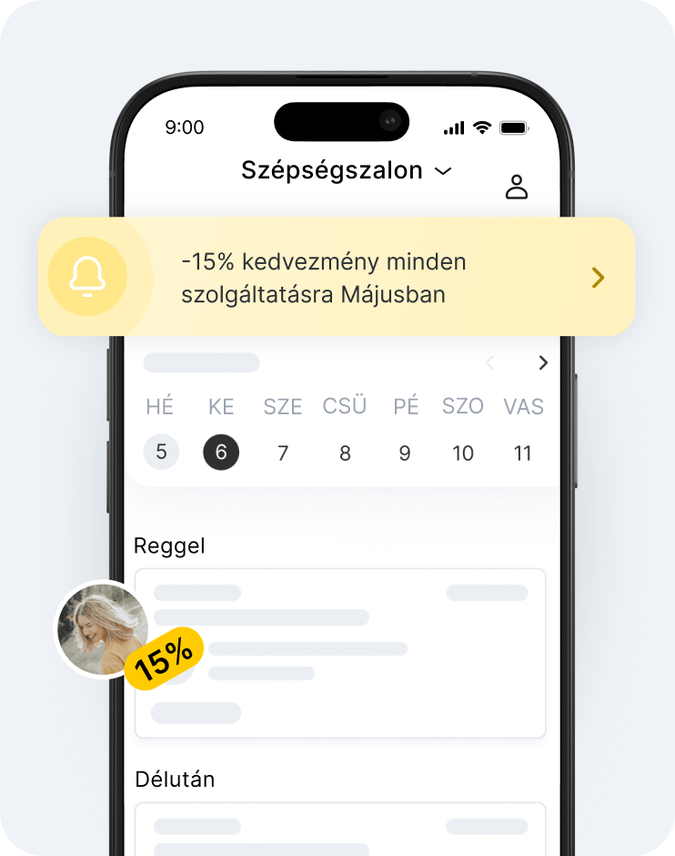 Mobilalkalmazás képernyője, amelyen a Beautyspace látható egy sárga kedvezményes szalagcímmel ellátott naptárral és egy felhasználói avatárral, amelyen egy „15” jelzésű kedvezményes értesítés látható | altegio | altegio