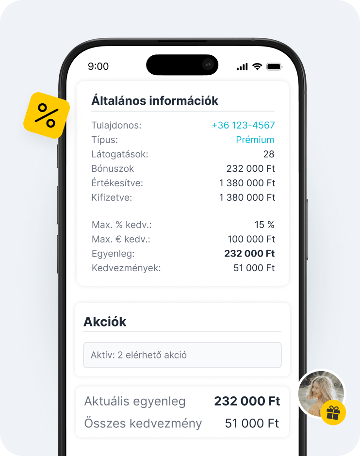 mobilalkalmazás képernyője, amelyen egy általános információs kártya látható, amelyen az 580 eurós egyenleg és a kedvezmények szerepelnek, valamint egy promóciós panel a bal oldalon található sárga kedvezménycímke alatt | altegio | altegio