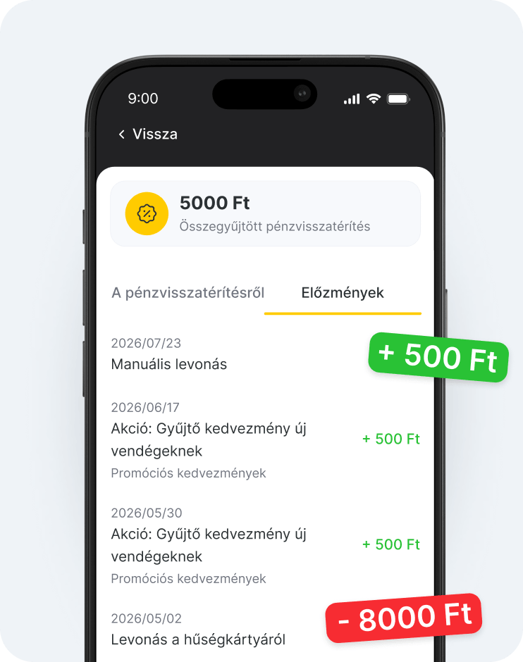 Mobilalkalmazás képernyője, amelyen 30 eurós cashback-egyenleg látható, az „Előzmények” fül van kiválasztva, és megjelenik a tételek listája, pl.: +5 euró, 45 euró | altegio | altegio