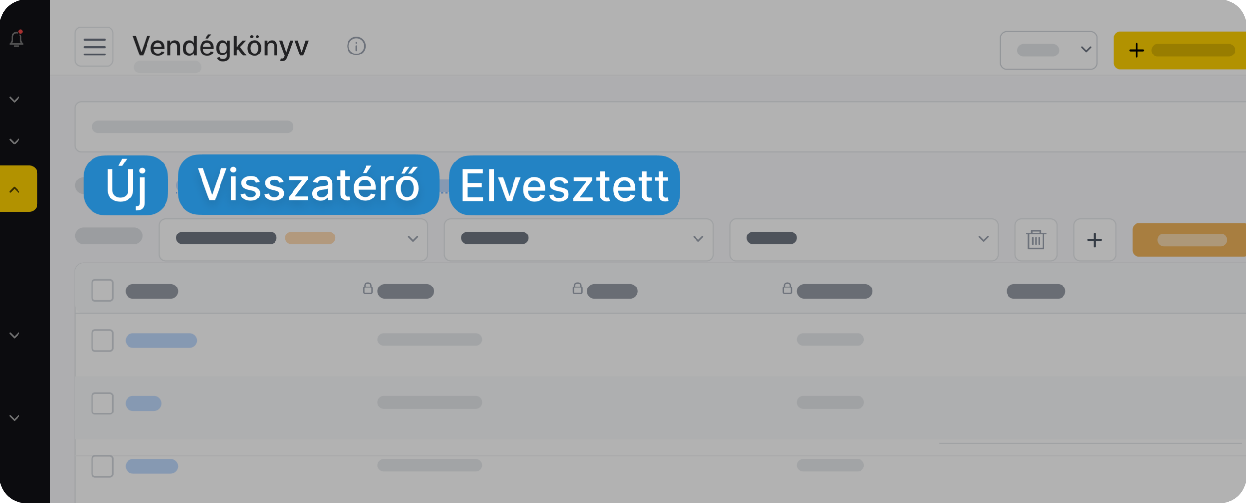 CRM-irányítópult fejléc: „ügyfél-adatbázis”, három kék gombbal („új”, „visszatérő”, „elveszett”) egy szürke felületen | altegio | altegio