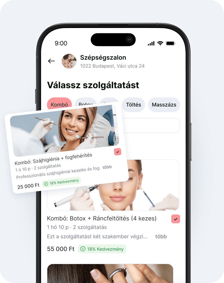 mobile app ui for a beauty clinic showing &aposselect services&apos with rounded category tabs and floating service cards | altegio