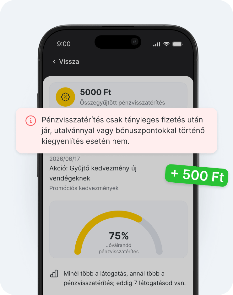 mobilalkalmazás képernyője, amelyen egy cashback-irányítópult látható, egy, a tényleges kifizetési jogosultságról szóló információs sávval, egy +5 eurós jelvénnyel és egy 75-ös haladási ívvel | altegio | altegio