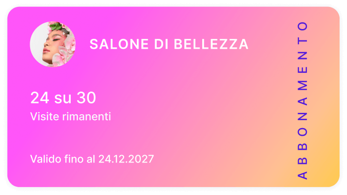 beauty salon membership card with pink to orange gradient round profile photo top left title text &apos24 of 30 visits remaining&apos &aposvalid until 24122027&apos and vertical &aposmembership&apos along the right edge | altegio | altegio
