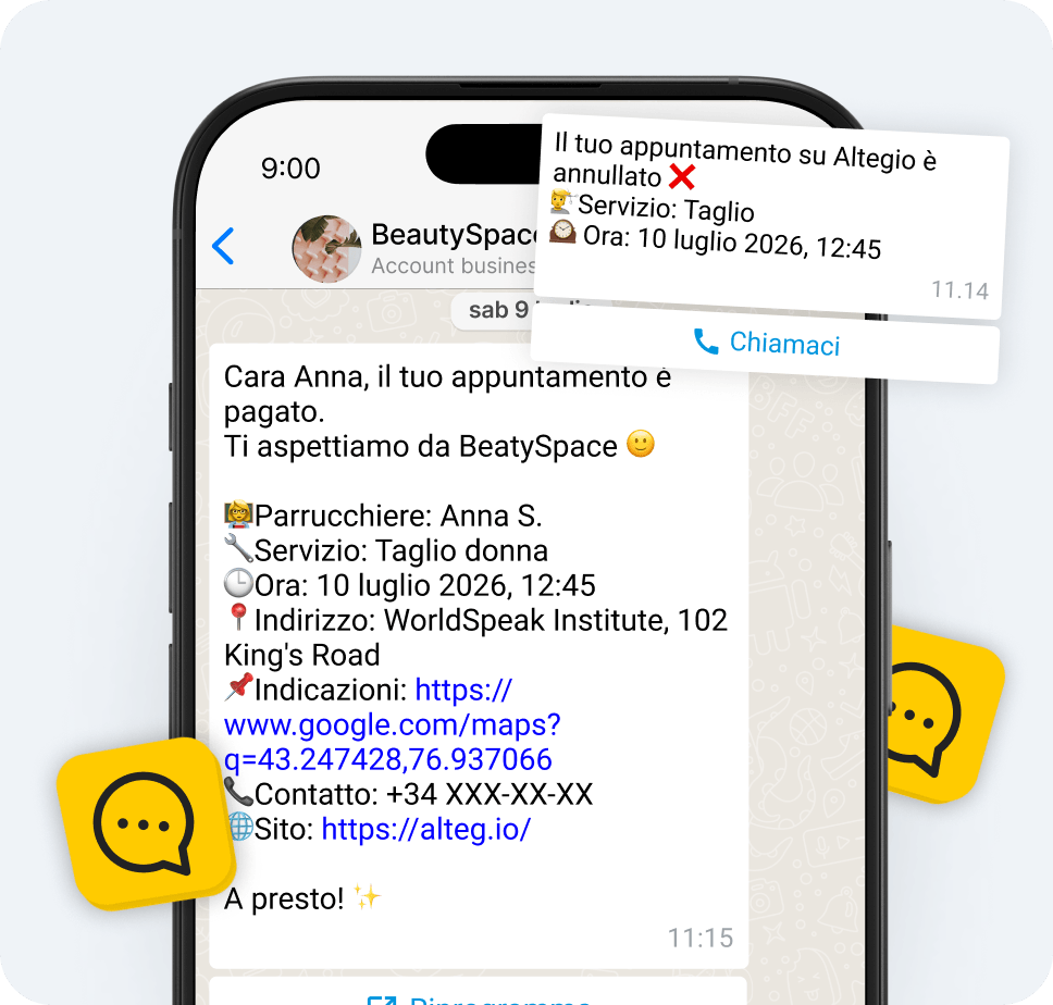 smartphone screen showing a canceled altegio appointment haircut at 1245 pm on july 10 2026 with address and map link details | altegio | altegio