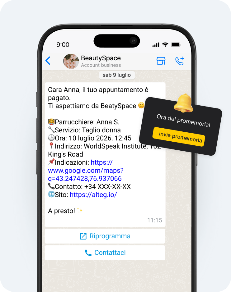 chat conversation showing paid beautyspace appointment details for anna s including service time address map link contact and website reminder card overlay | altegio | altegio