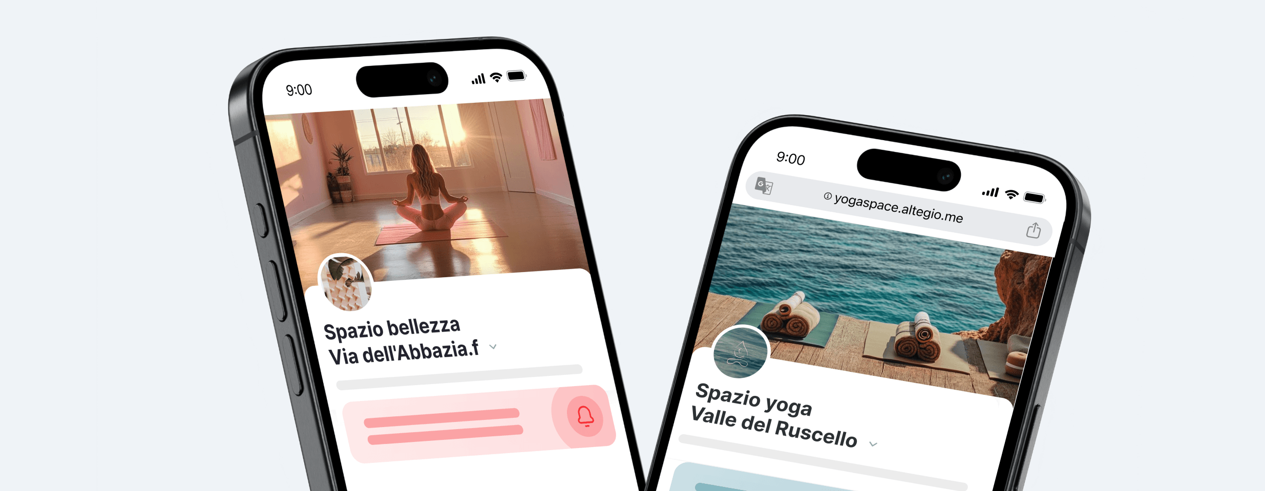 two tilted smartphones display yoga app screens with surrounding social icons facebook messenger instagram on a bright abstract background | altegio | altegio