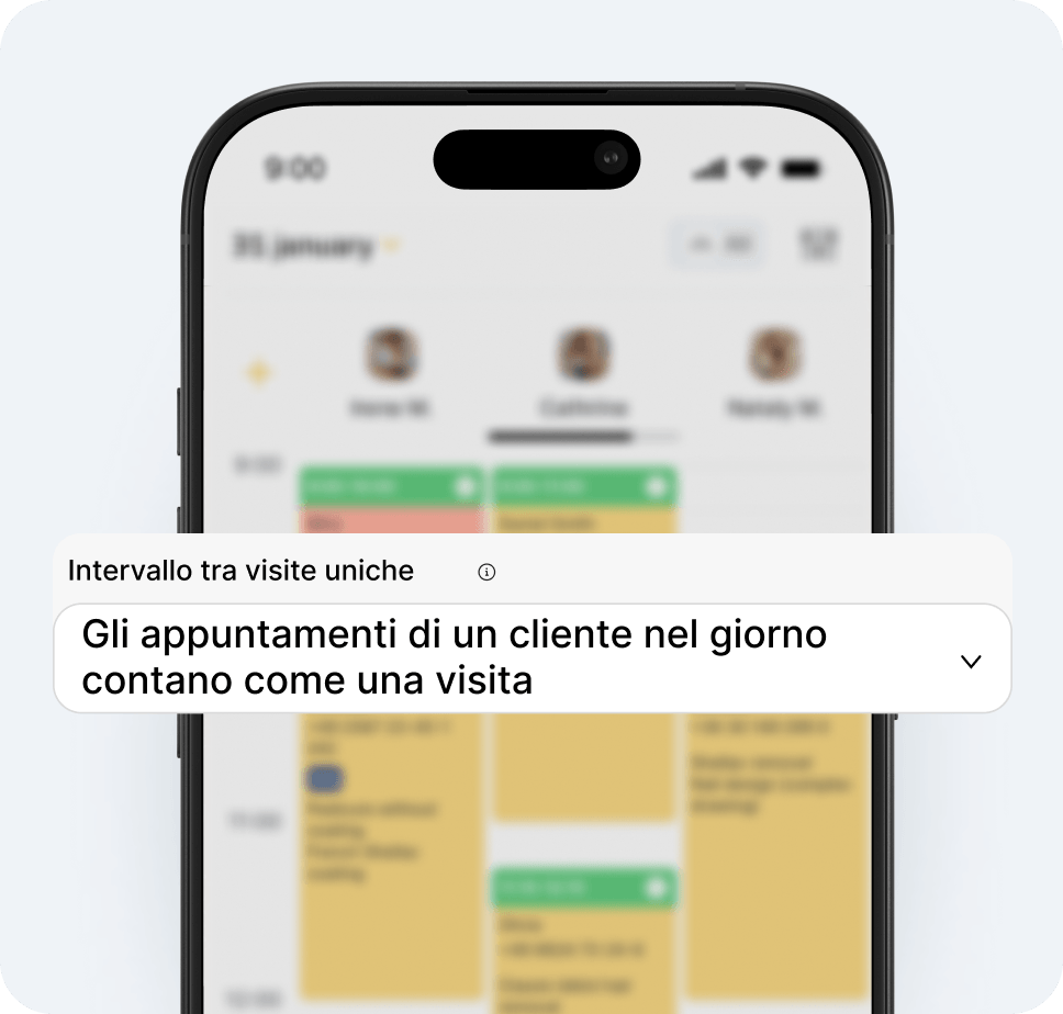 mobile app screen showing an analytics panel with a large white card that reads all clients bookings in a day count as one visit | altegio | altegio