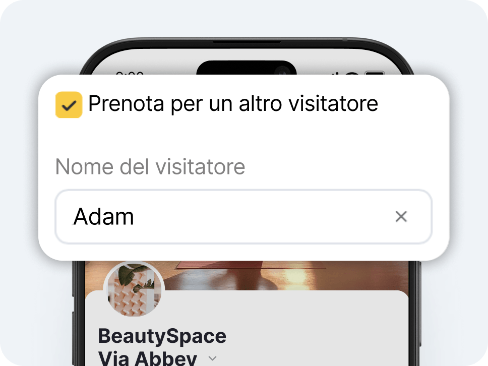 modal dialog titled &aposbook for another visitor&apos with a yellow checkmark icon asking for visitor name and showing &aposadam&apos as the entry with a close button | altegio | altegio