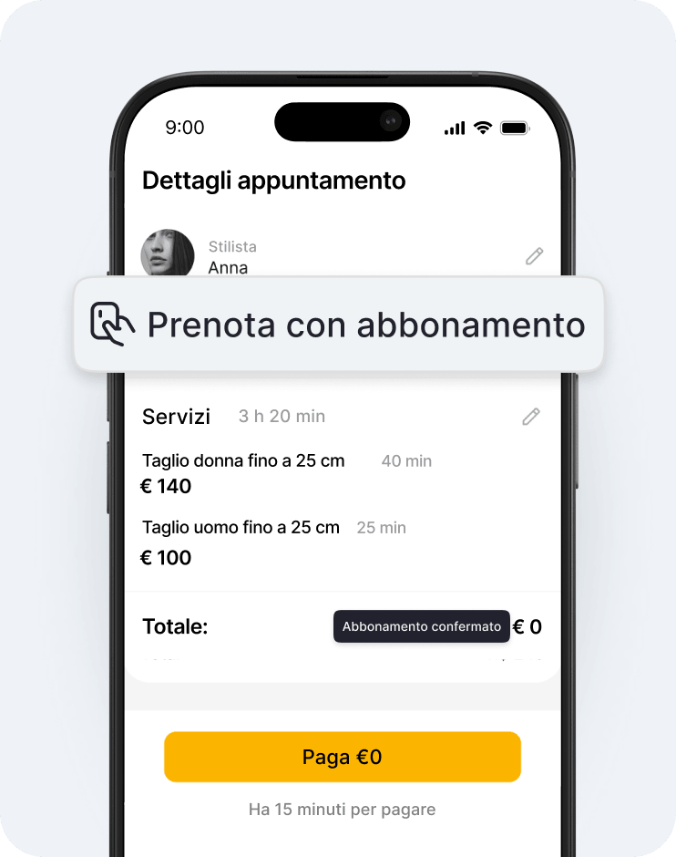 schermata del cellulare che mostra i dettagli dell'appuntamento con un banner mobile "Prenotazione con abbonamento" sovrapposto all'elenco dei servizi e un pulsante "Paga 0 €" | altegio | altegio
