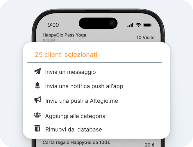 schermata che mostra un modal mobile intitolato “25 clienti selezionati” con le seguenti opzioni: invia un messaggio, invia una notifica push all’app, invia una notifica push ad Altegio, aggiungi alla categoria, rimuovi dal database | Altegio | Altegio