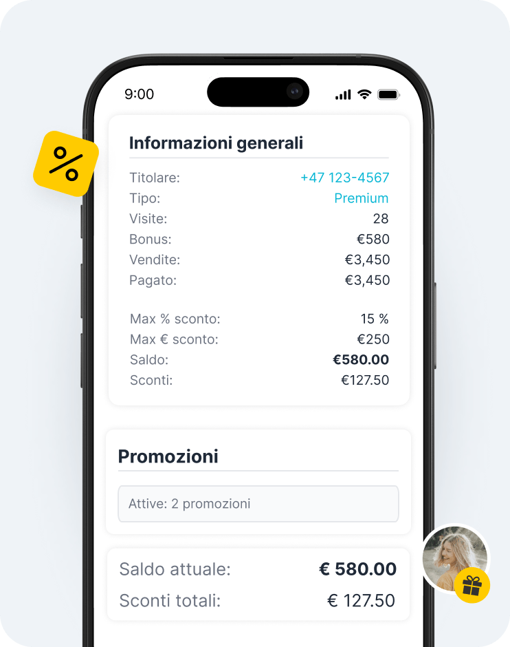 schermata dell'app mobile con una scheda informativa generale che mostra un saldo di 580 € e gli sconti, e un pannello dedicato alle promozioni sotto l'etichetta gialla degli sconti a sinistra | altegio | altegio