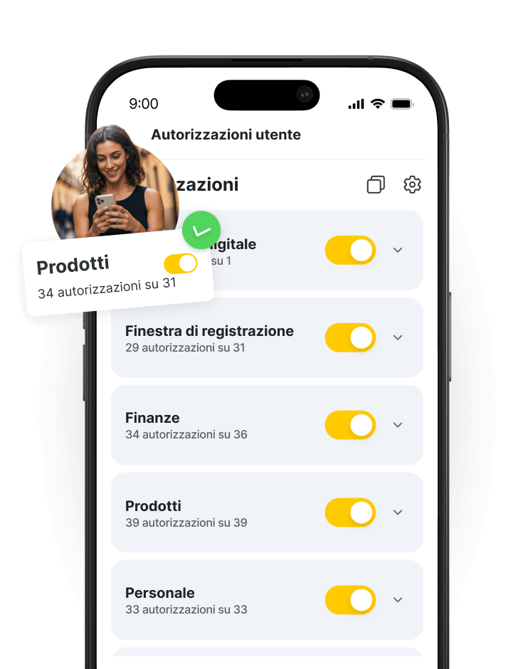 smartphone screen displaying a rights management app with a vertical list inventory booking window finance settings and orange toggle switches a circular profile photo overlaps the top left of the screen | altegio | altegio