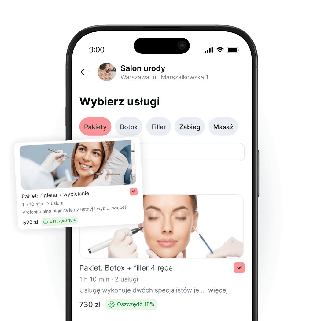 mobile app screen showing beautyspace with &aposselect services&apos and category chips combos botox filler treatment massage overlapping cards display combo options with images of a practitioner and a close up face | altegio