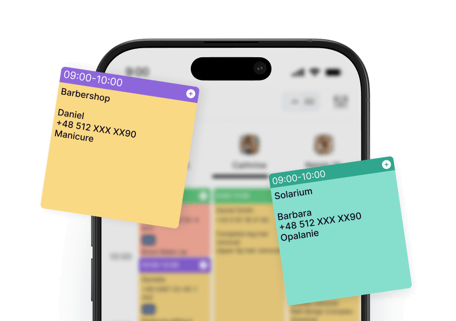 phone screen shows a scheduling app with two colored sticky notes yellow barbershop 09001000 daniel manicure and teal solarium 09001000 barbara tanning with a blurred calendar in the background | altegio