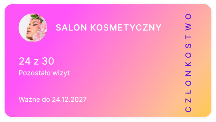 beauty salon membership card with pink to orange gradient round profile photo top left title text &apos24 of 30 visits remaining&apos &aposvalid until 24122027&apos and vertical &aposmembership&apos along the right edge | altegio | altegio