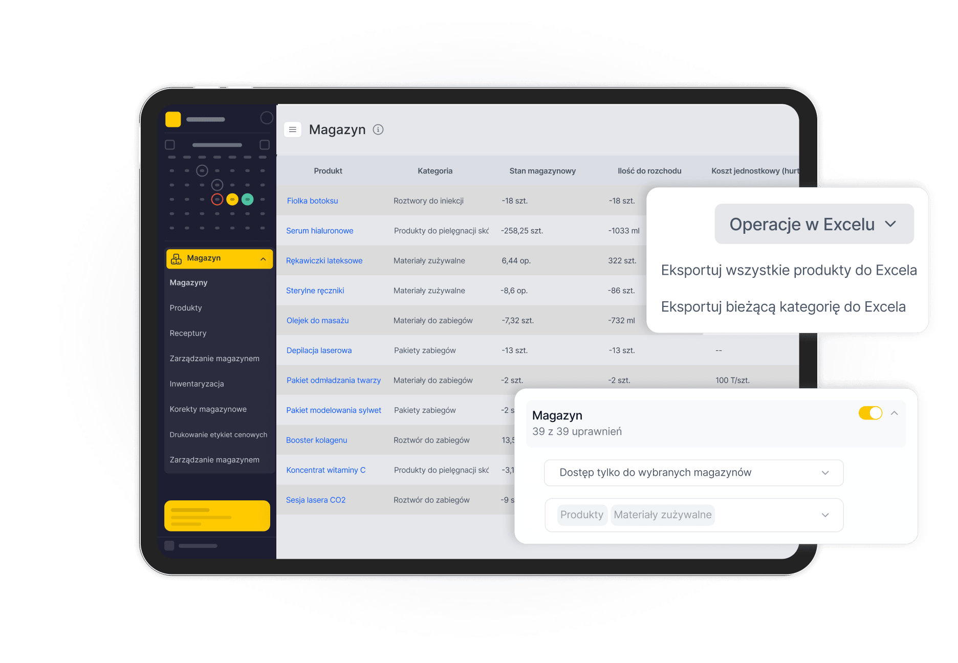 dashboard style inventory app on a tablet showing a product list side navigation and floating excel export panel | altegio