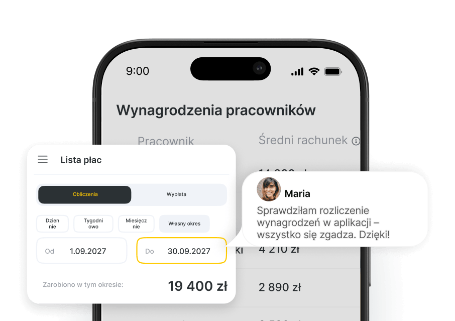 mobile payroll app screen showing employee salaries with a salary card €4500 and a chat bubble from maria confirming payroll accuracy | altegio