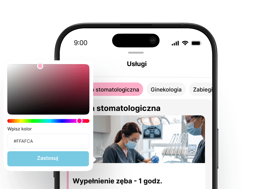 smartphone displaying a services app a color picker popover with hex input &apos#fafca&apos and apply button over a &aposservices&apos list with dental care image | altegio