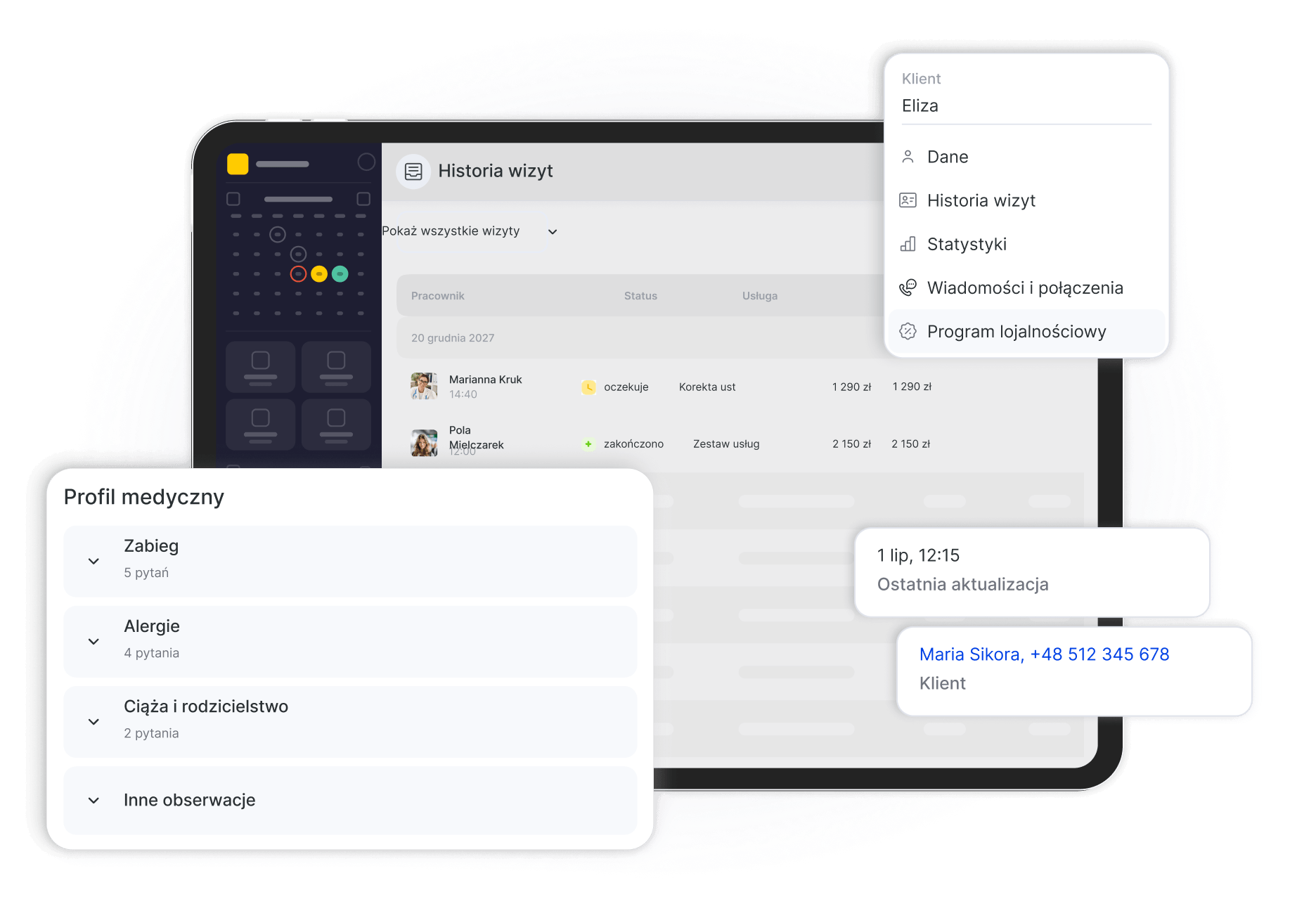 tablet ui showing visit history with a floating menu and overlapping medical profile card | altegio