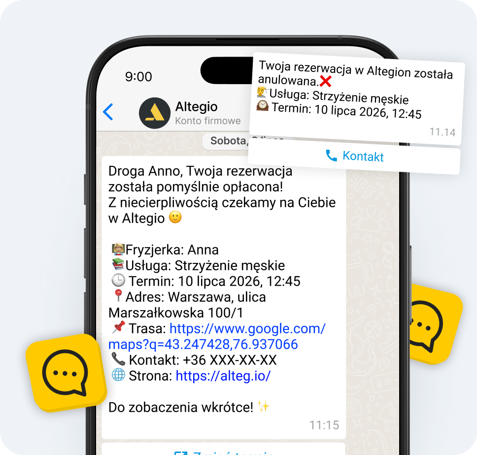 smartphone screen showing a canceled altegio appointment haircut at 1245 pm on july 10 2026 with address and map link details | altegio