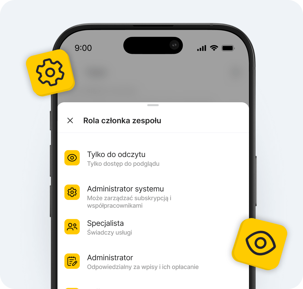 mobile app settings screen labeled &aposteam members role&apos showing a list of user roles with yellow icons eg free access view only and team member | altegio