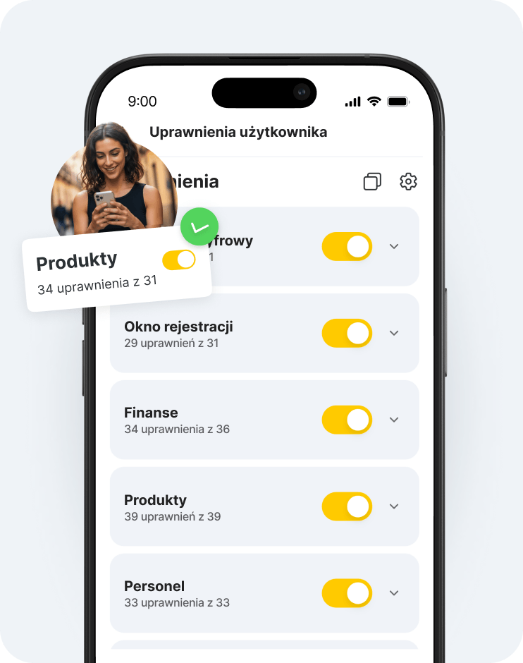 mobile app screen titled &aposaccess rights&apos with a list of rights inventory calendar booking window finance settings each with yellow toggle switches a user avatar overlaps the left edge | altegio