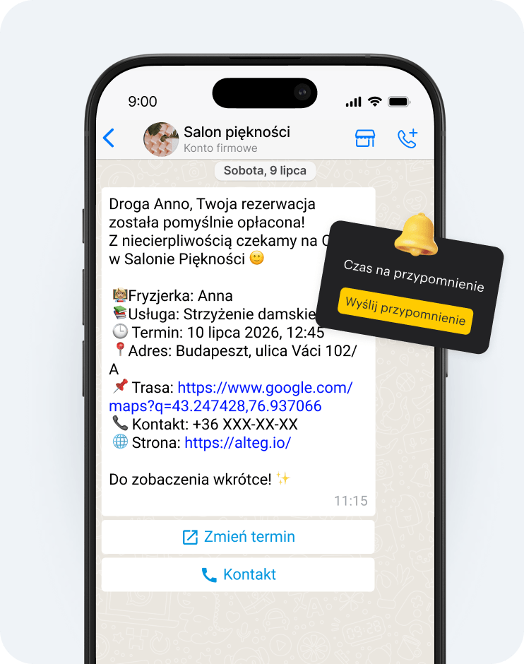 chat conversation showing paid beautyspace appointment details for anna s including service time address map link contact and website reminder card overlay | altegio