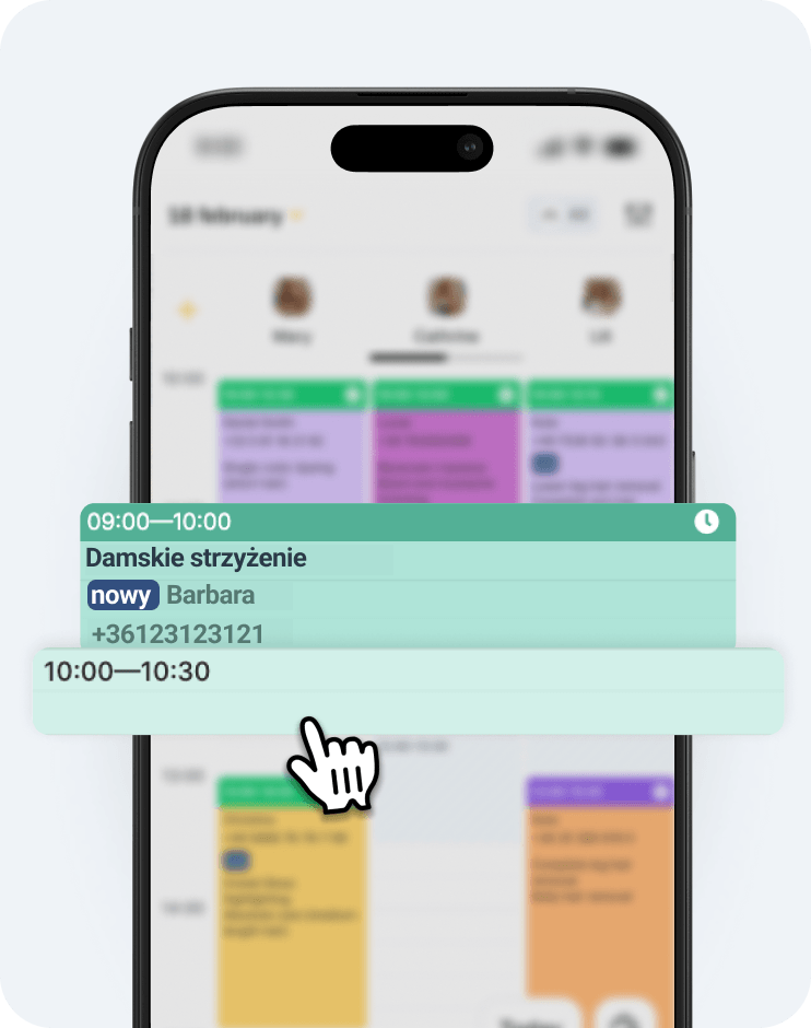mobile calendar with a green 09001000 appointment &aposwomens haircut + styling&apos for barbara a blue bar for 10001030 being dragged | altegio
