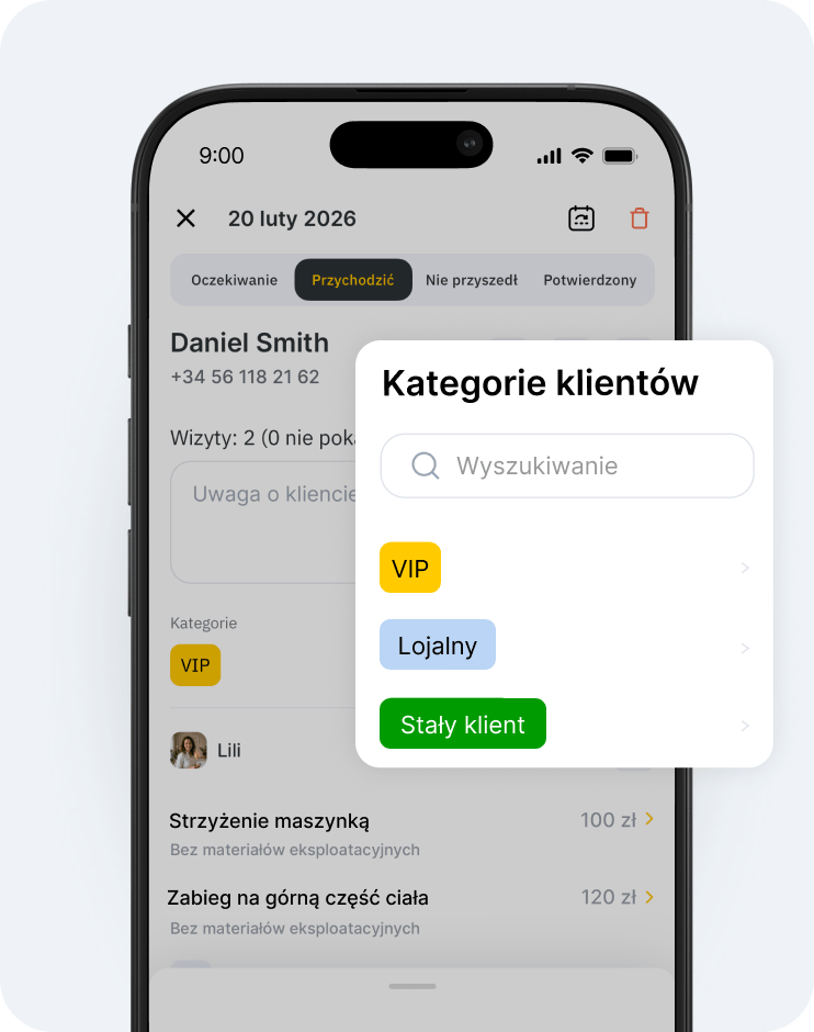 phone screen showing a &aposclient categories&apos modal with a search field and colored category tags vip yellow loyal blue permanent green | altegio