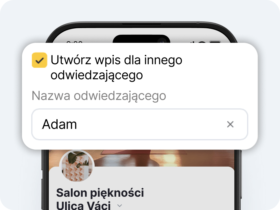 modal dialog titled &aposbook for another visitor&apos with a yellow checkmark icon asking for visitor name and showing &aposadam&apos as the entry with a close button | altegio