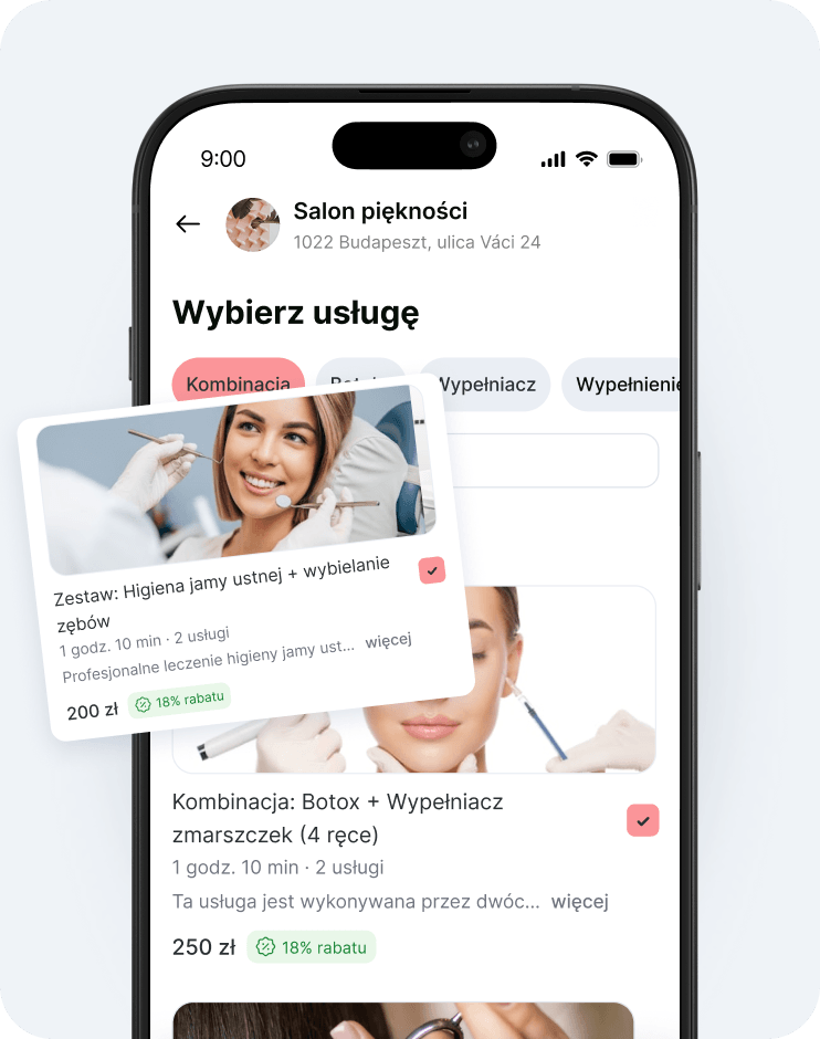 mobile app ui for a beauty clinic showing &aposselect services&apos with rounded category tabs and floating service cards | altegio