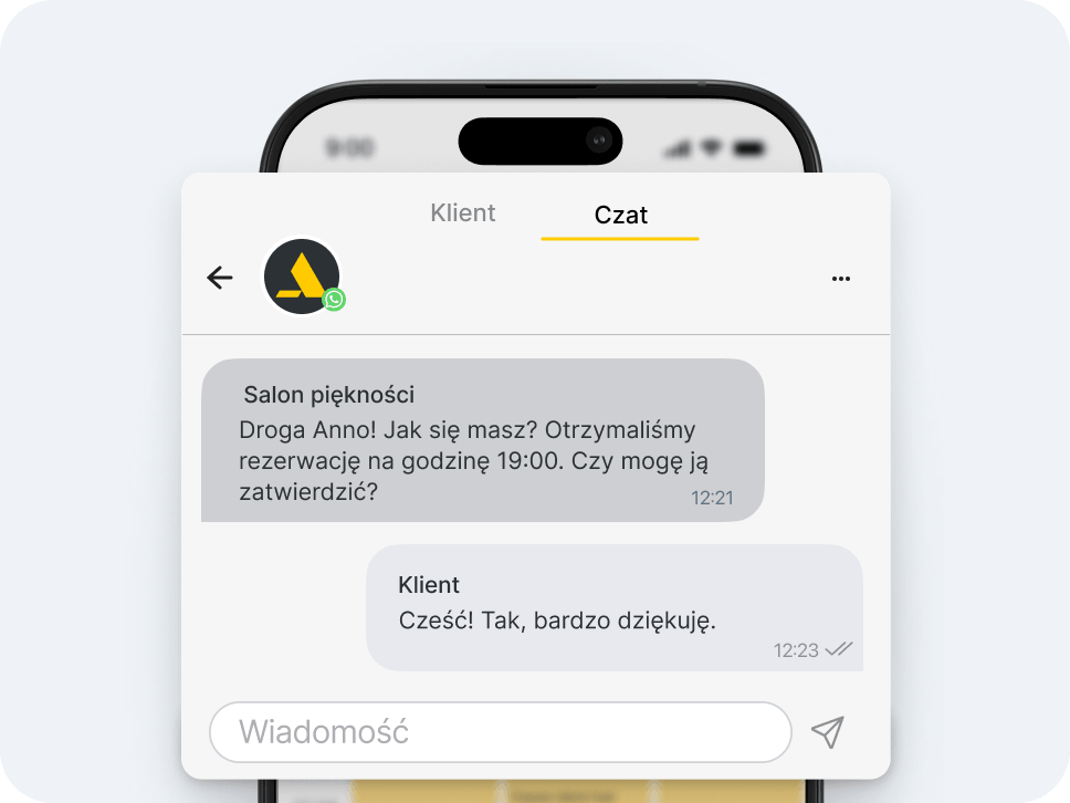 mobile chat app ui header with profile icon and &aposclients&apos and &aposchat&apos tabs current tab underlined in yellow | altegio