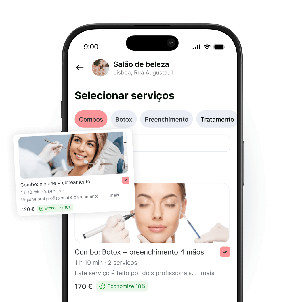 mobile app screen showing beautyspace with &aposselect services&apos and category chips combos botox filler treatment massage overlapping cards display combo options with images of a practitioner and a close up face | altegio