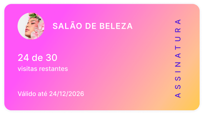 beauty salon membership card with pink to orange gradient round profile photo top left title text &apos24 of 30 visits remaining&apos &aposvalid until 24122027&apos and vertical &aposmembership&apos along the right edge | altegio | altegio