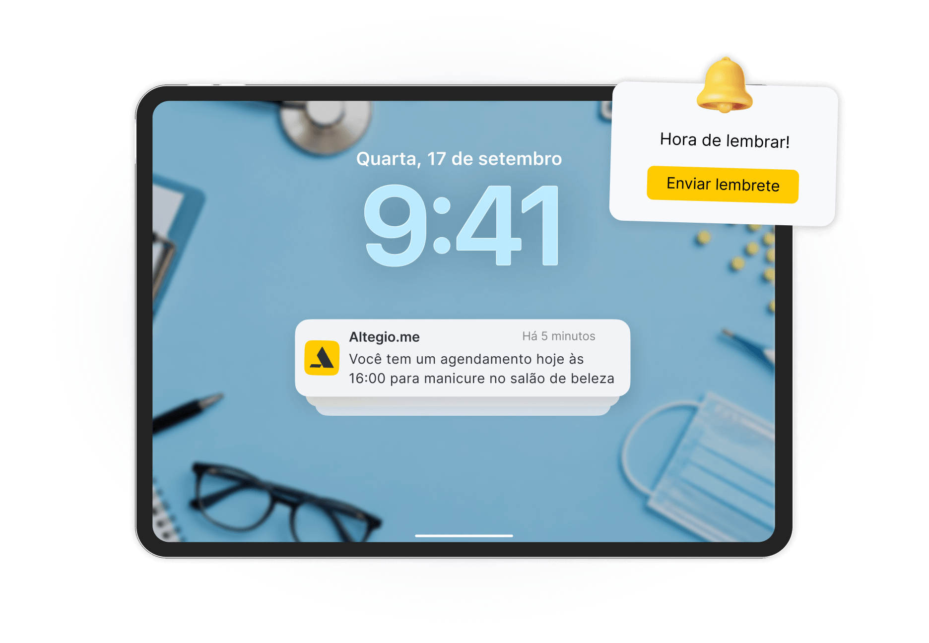 tablet screen showing reminder notification time to remind them with yellow button send reminder over blue workspace another alert about a manicure appointment from altegiome 5 minutes ago | altegio