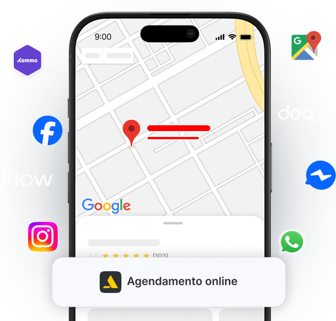 phone screen shows a map with a red location pin and route lines a floating &aposonline booking&apos banner and surrounding social app logos facebook instagram whatsapp etc suggesting sharing or booking | altegio