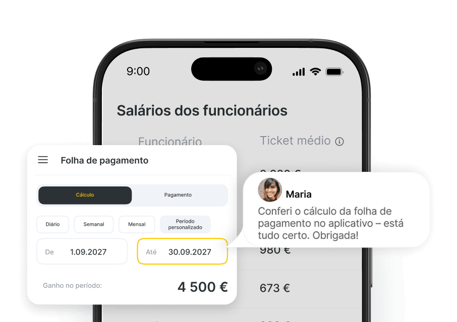 mobile payroll app screen showing employee salaries with a salary card €4500 and a chat bubble from maria confirming payroll accuracy | altegio