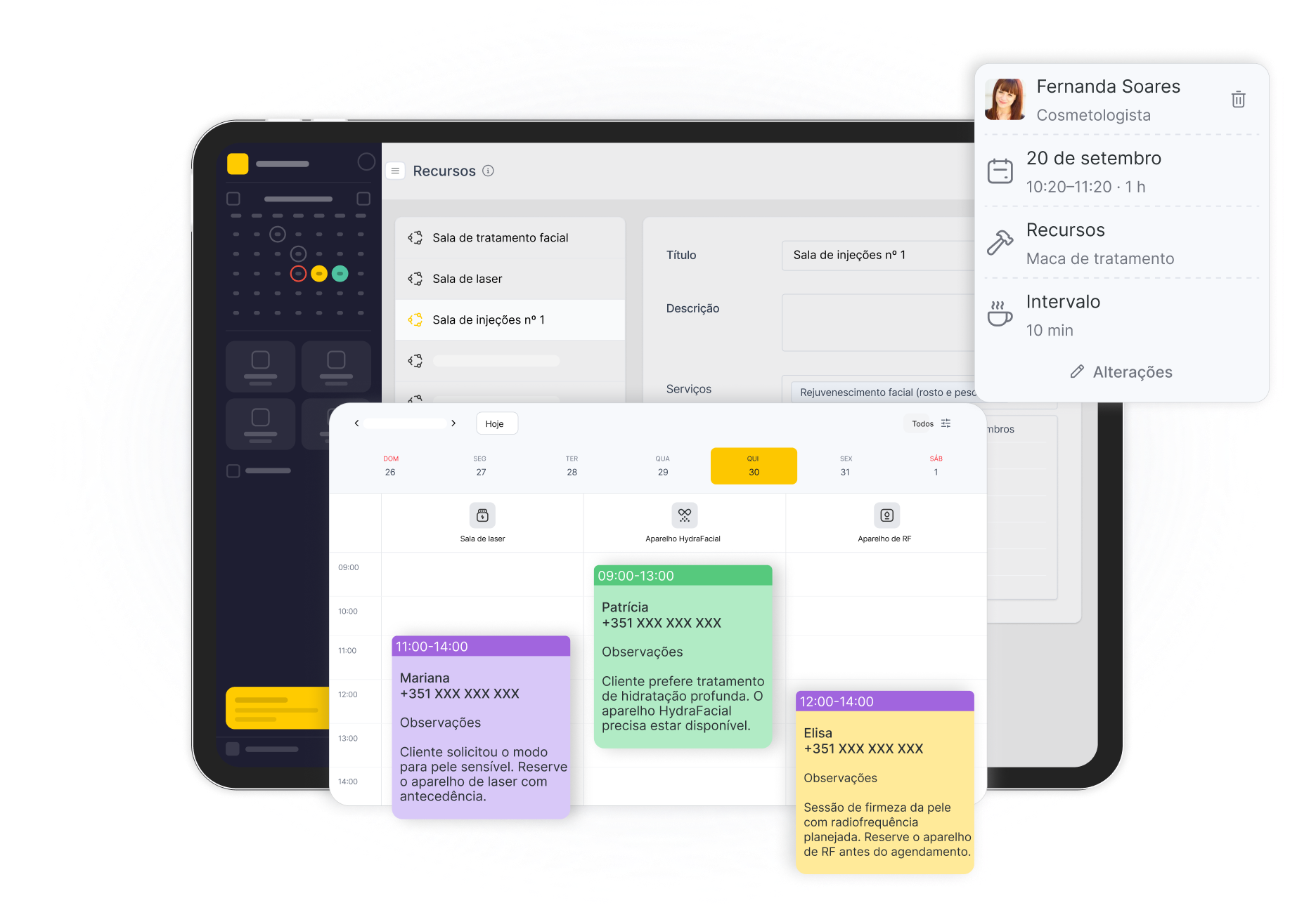 tablet screen showing a scheduling dashboard with a calendar color coded appointment cards and a floating contact card | altegio