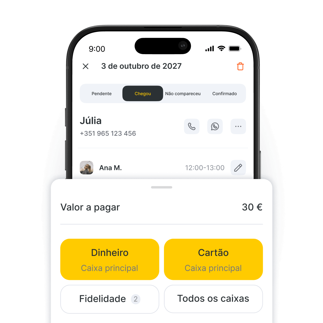 phone screen showing a payment modal amount to pay €30 with cash or card options at the main cash desk | altegio