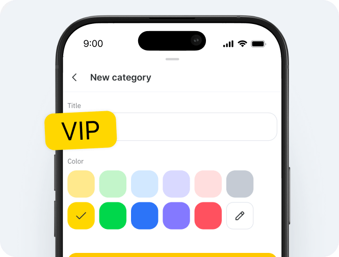 Tela de celular exibindo um formulário para criar uma nova categoria chamada “vip”; as amostras de cor abaixo do amarelo estão marcadas com uma marca de seleção e um ícone de edição em forma de lápis aparece à direita | altegio | altegio